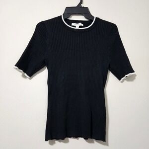 Madison Grey New York Black Ribbed Short Sleeve Sweater White Trim Petite Medium